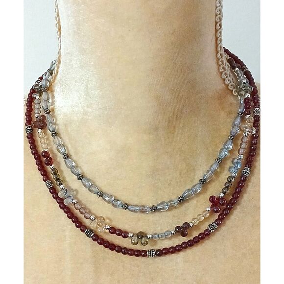 Napier Multi Strand Beaded 16" Necklace Red Glass & Clear Beads Silver Tone - Picture 3 of 4